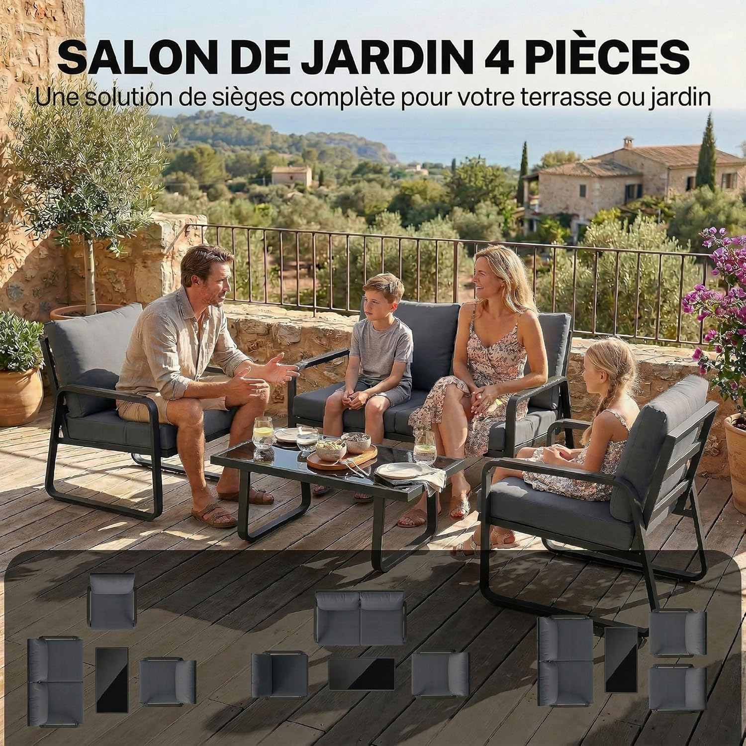 Outsunny - Salon de jardin 4 pièces - métal, coussins épais, table en verre, noir