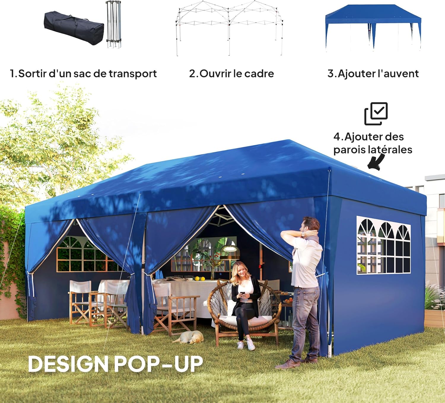 Outsunny Tonnelle de Jardin Exterieur tonnelle Pliante 3 x 6 m Pop-up avec 6 parois latérales, Trous de Drainage, Sac de Transport Inclus, Barnum Pliant pour Camping Festival Mariage, Bleu