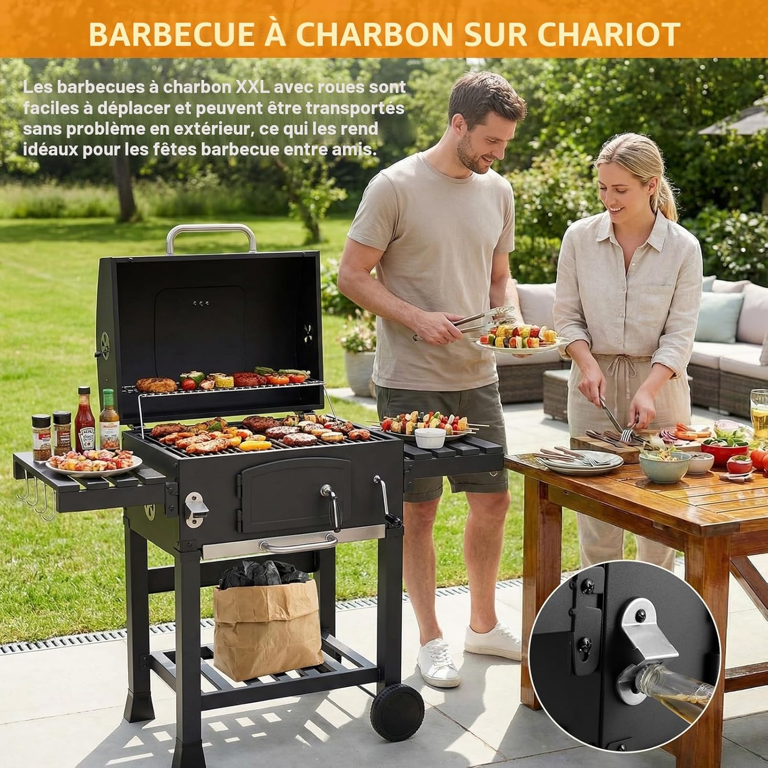 LIFERUN - Barbecue charbon XXL - grand chariot, fumoir et thermomètre