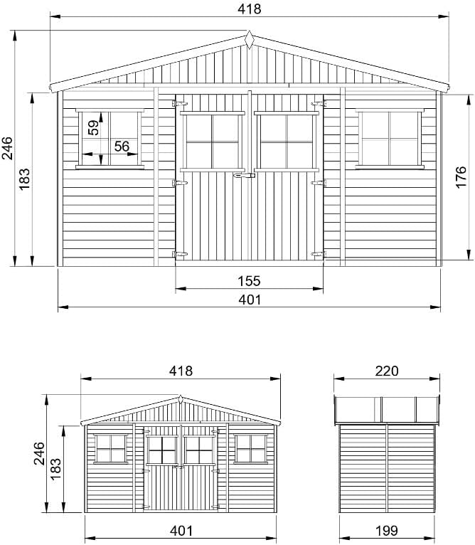 TIMBELA - série M332 - 8 m² - abri de jardin bois, fenêtres, H246x418x220 cm - M332