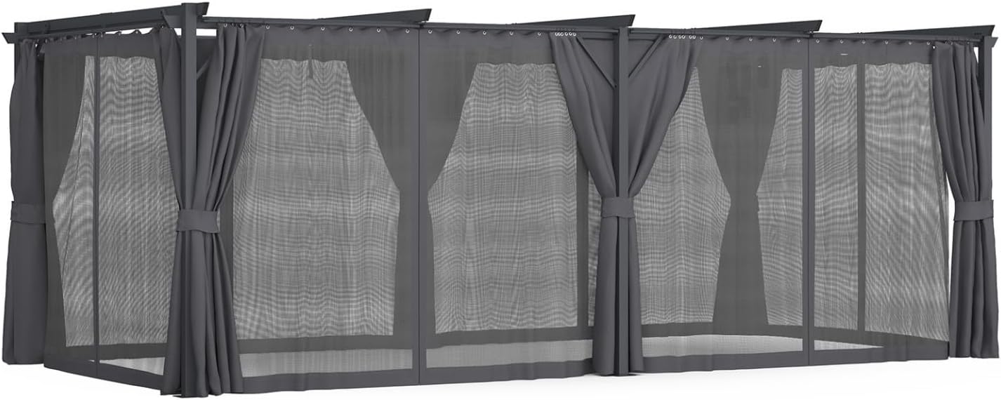 IDMarket - Pergola intégrale moustiquaire, toit rétractable 3x6m, 6 rideaux gris
