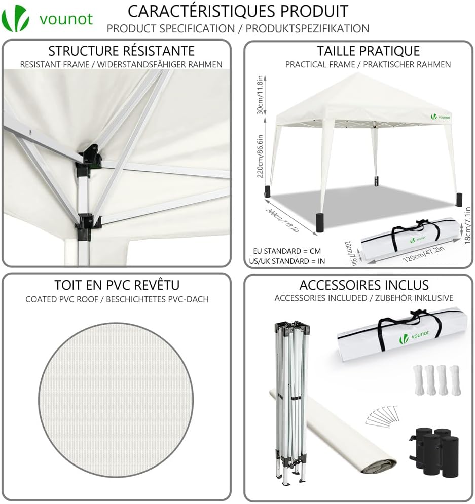 VOUNOT - Tonnelle pliante 3x3m - montage facile, sac inclus