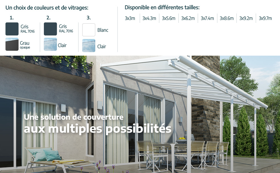 avec panneaux transparents et cadre blanc, illustré avec un tableau d'options de couleur et de taille affichant de multiples possibilités de configuration.