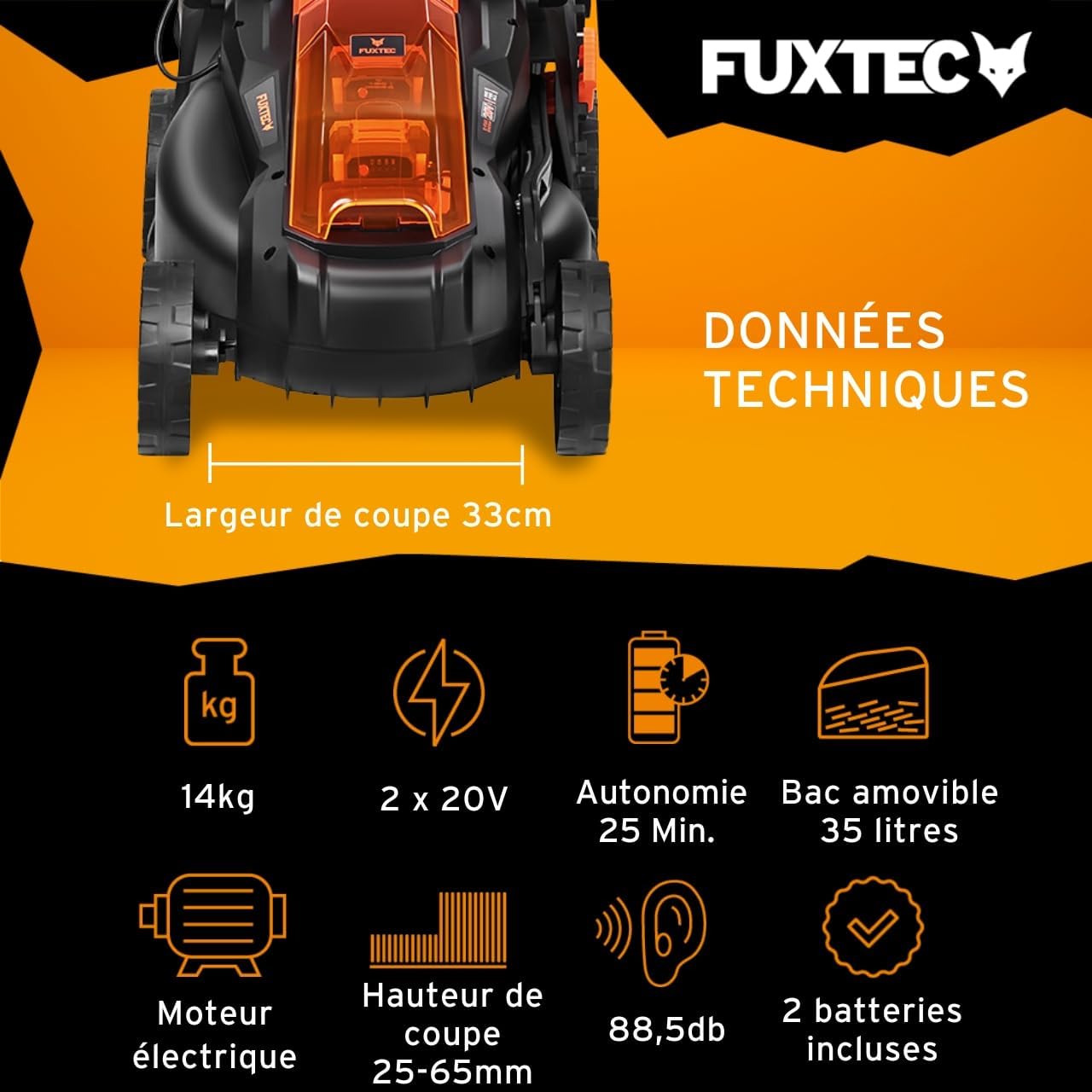 FUXTEC - tondeuse à gazon batterie 40V, 33cm, 2Ah, double chargeur FX-E1RM20