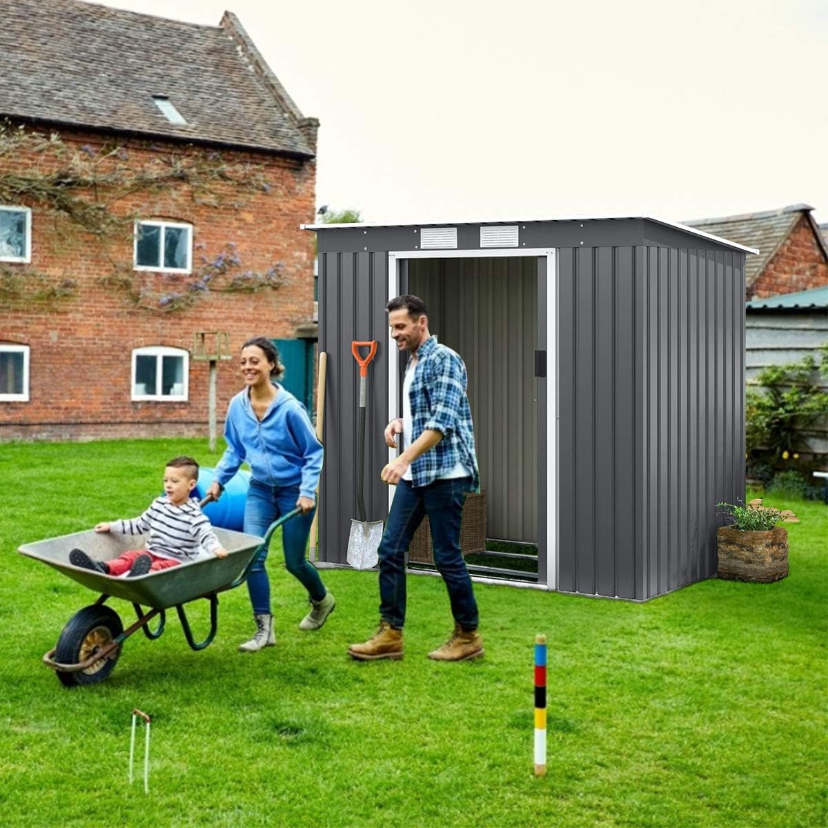 GOPLUS 2,37M² Abri de Jardin en Acier Galvanisé Résistant 4,1m³, 213x130x173CM, Cabane de Jardin Exterieur avec 2 Portes Coulissant, 2 Aérations, Toit Incliné, Rangement Outils pour Pelouse, Patio