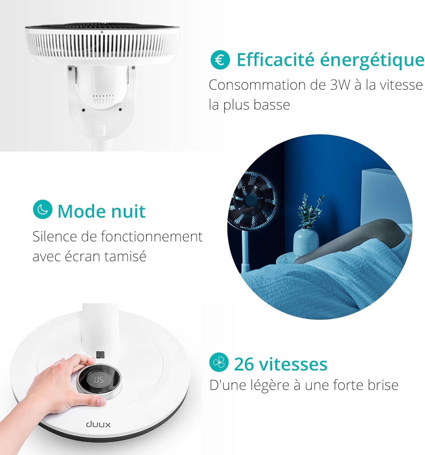 Duux Whisper Blanc - Ventilateur silencieux sur pied - Ventilateur sur pied avec télécommande - Minuterie incluse 26 vitesses - Ideal pour toutes les salles