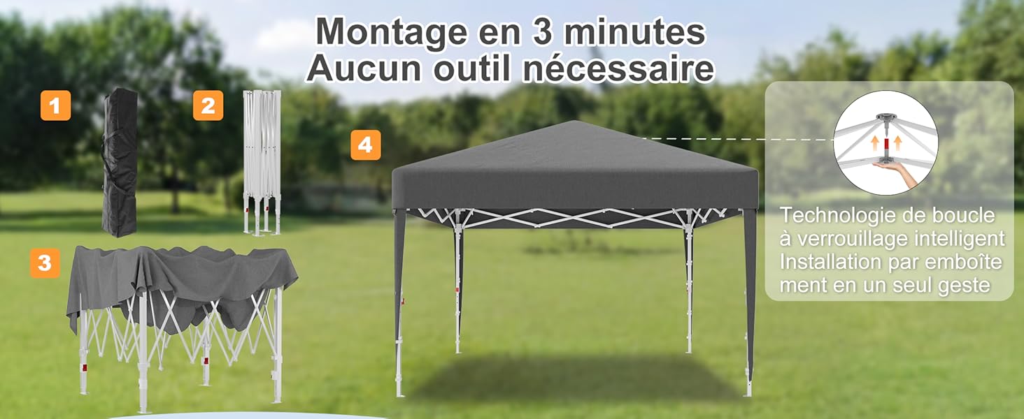 Le texte indique « Montage en 3 minutes Aucun outil nécessaire » avec l'icône du chronomètre. Image d'instruction similaire pour l'assemblage du trampoline montrant un processus d'installation de trois minutes sans outils.