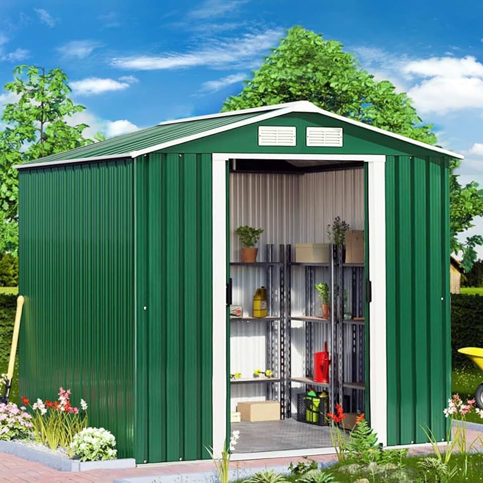 COSTWAY Abri de Jardin Métal Extérieur 2.7㎡ Acier Galvanisé avec Fondation, Toit Penché, 4 Persiennes, Double Porte Coulissante, Cabane Jardin Exterieur avec Rampe, pour Vélo, Poubelle, 213x127x185CM