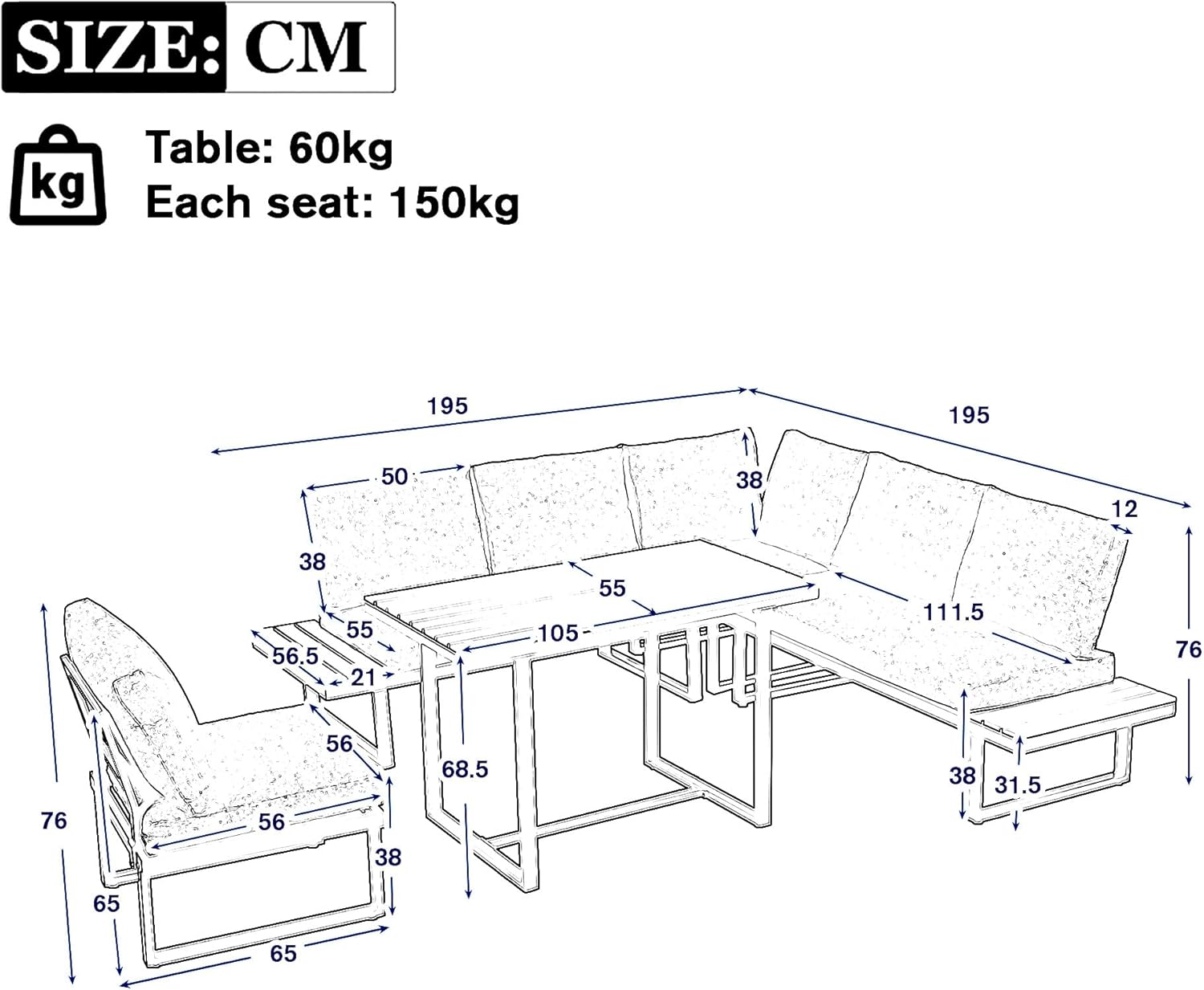 Sapgaks - Ensemble salon jardin inclinable 5 positions - structure acier, plateau bois-plastique, table incluse - gris/n