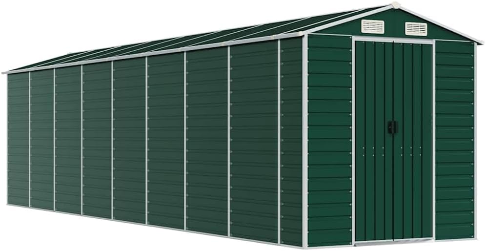 vidaXL Abri de Jardin, Cabane à Outils avec Poignées, Remise à Outils avec Toit Inclinable, Abri de Rangement Terrasse, Vert 191x725x198 cm Acier Galvanisé