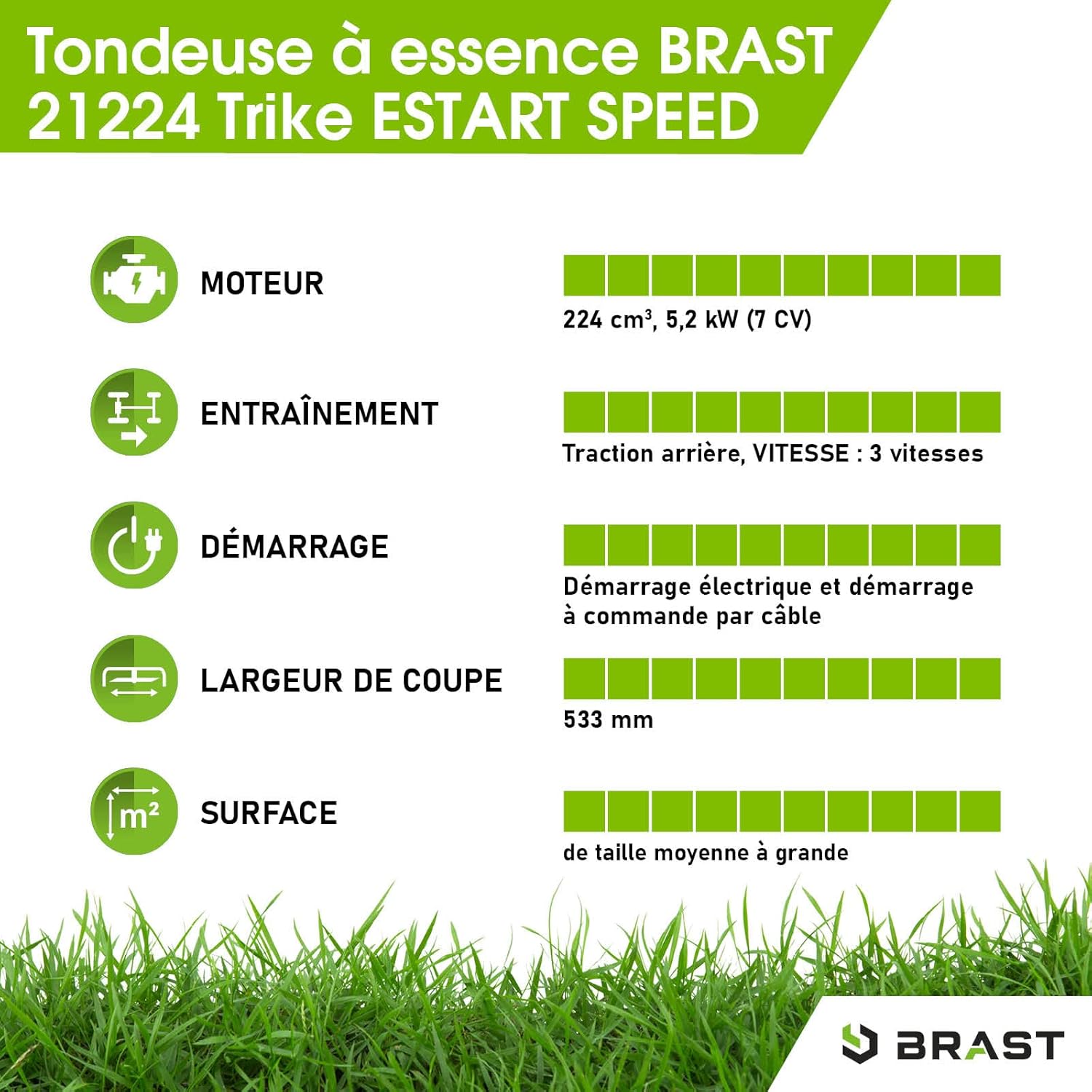 BRAST tondeuse thermique 3 roues TRIKE ESTART SPEED 224cc 53cm tractée démarrage électrique vitesse d'entraînement triple réglable mulching 4en1 capot en tôle en acier 60l - moteur 4 temps reglable