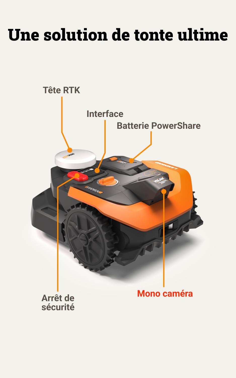 WORX - Tondeuse robot Vision Cloud 2WD - 500m², IA, VSLAM+RTK, appli - WR305E