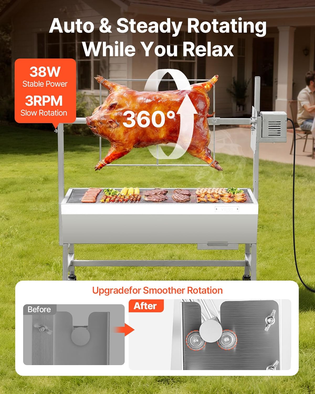 VEVOR - Barbecue à charbon avec tournebroche, 7 hauteurs, 60kg, 38W, inox