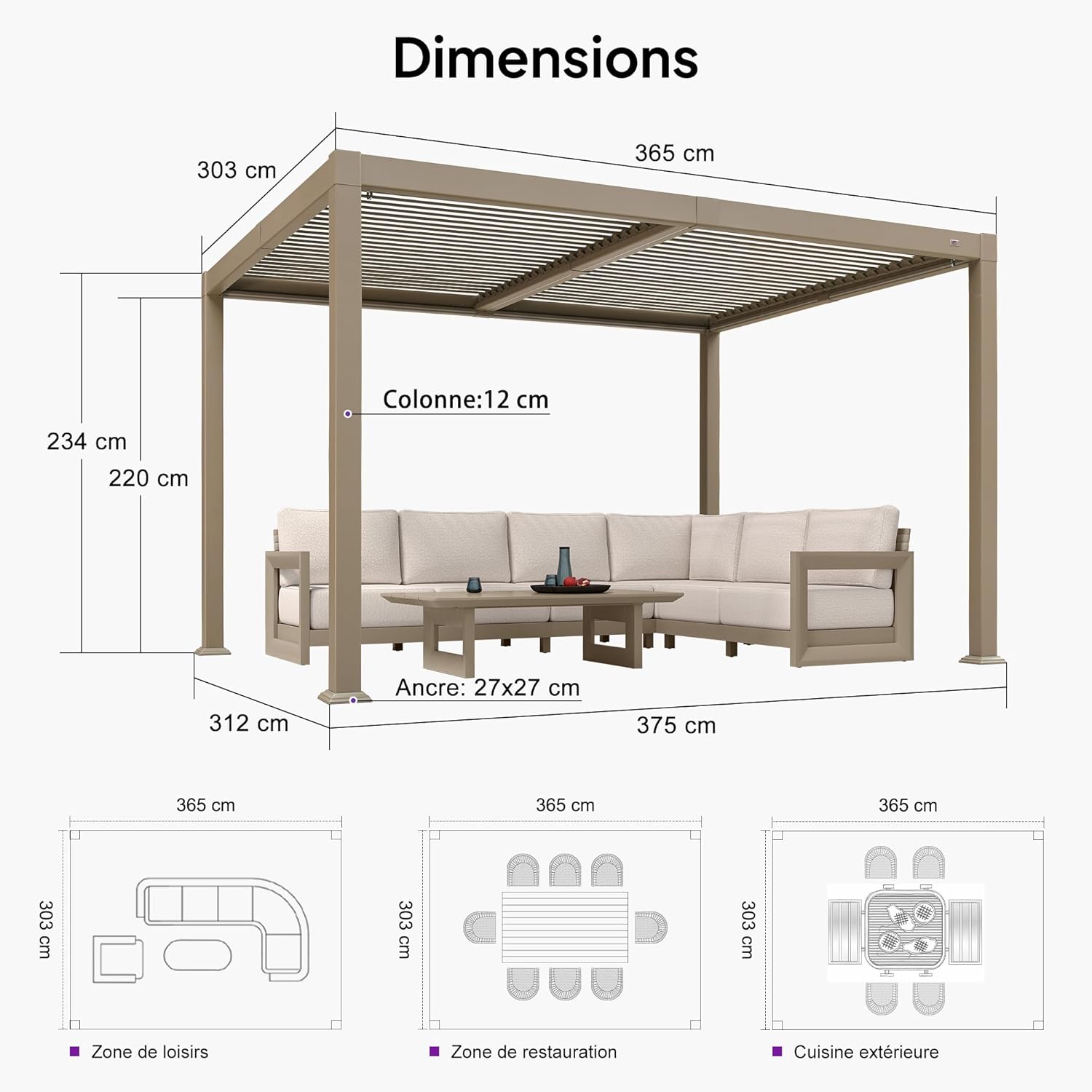 PURPLE LEAF - Pergola bioclimatique - 3x3,65m - LED, alu, lames orientables, étanche, anti-UV