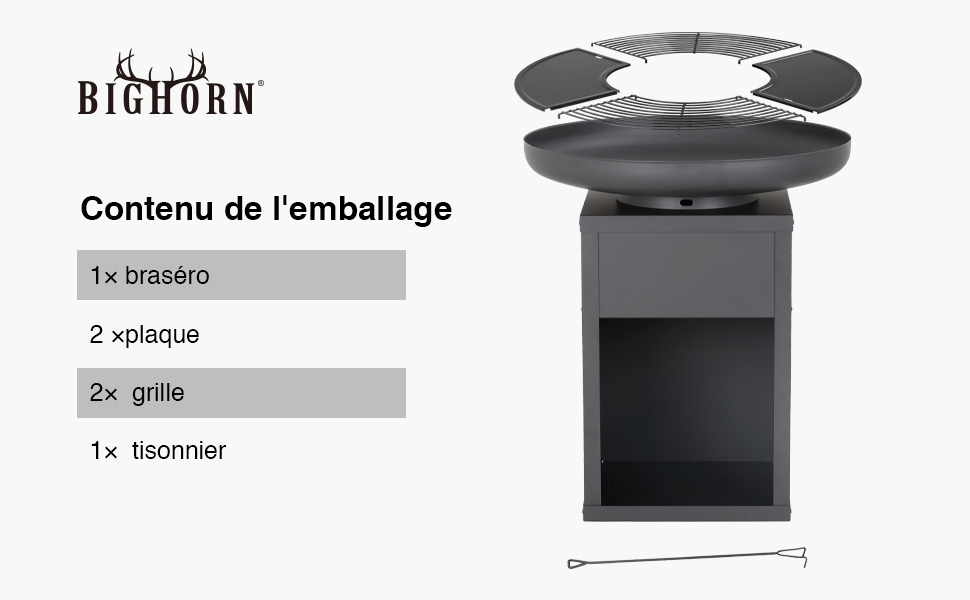 Le texte indique « BIOTIRON », « Contenu de l'emballage », « 1 brasero », « 2 mitaines », « 3 grilles », « 1 tournevis ». Support moderne noir avec dessus imprimé vache sur fond blanc.