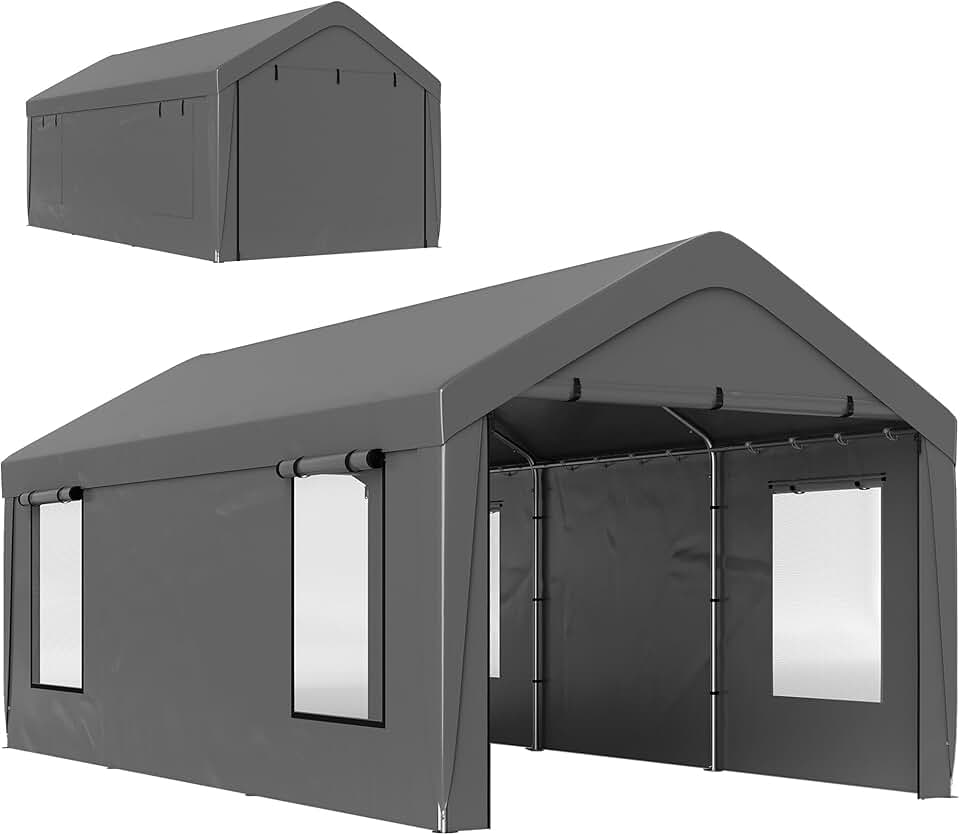 Outsunny - Carport 3x6 m - parois amovibles, 4 fenêtres, 2 portes roulantes