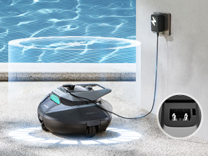 Aspirateur robot connecté à la station de charge contre le mur, avec effet de lumière bleue visible sur la surface du sol.