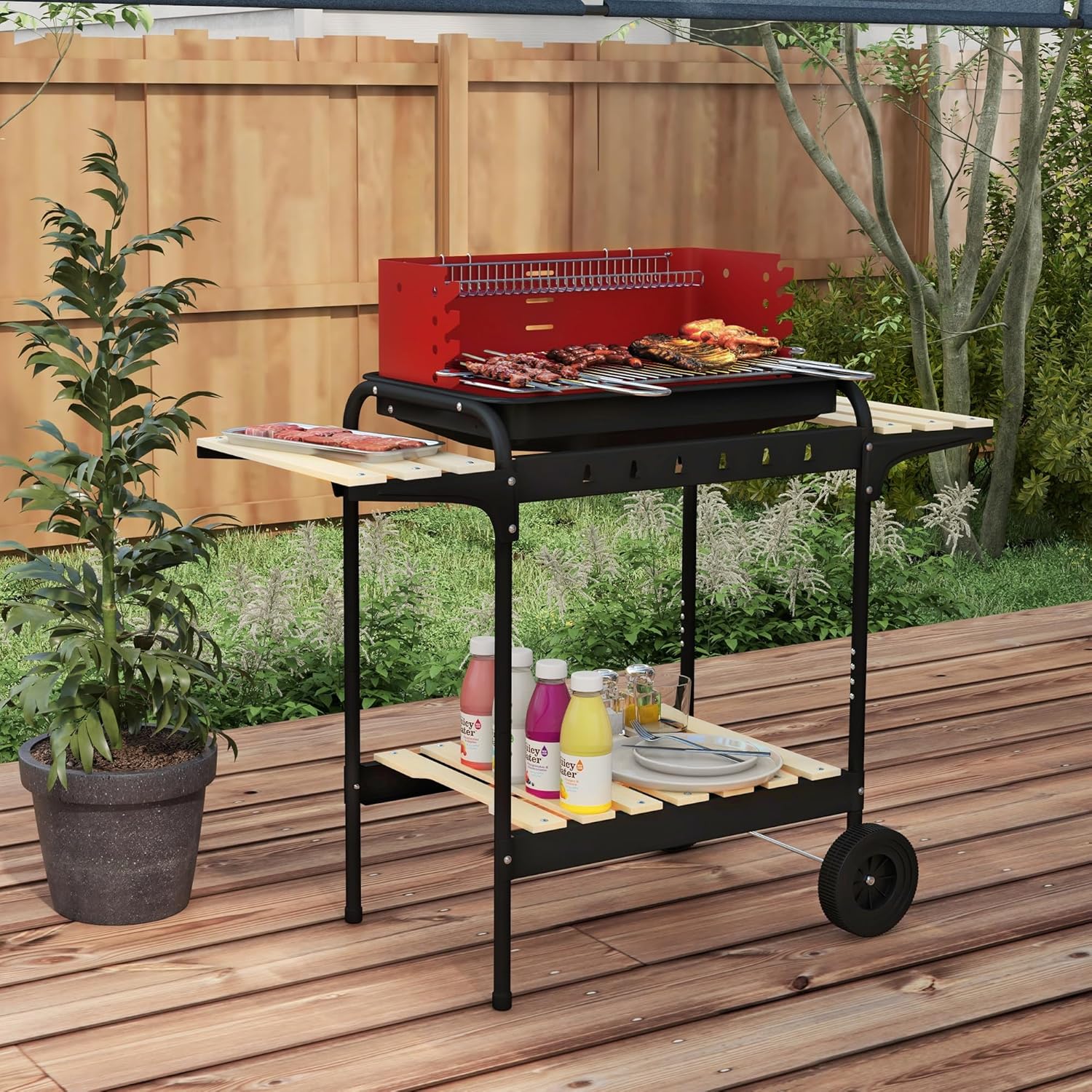 Outsunny - barbecue à charbon sur pied - 103x47x95cm - gril réglable, 2 roues, 3 étagères, bac à cendres