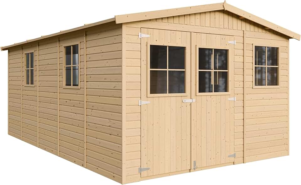 Abri de Jardin en Bois Naturel - Stockage extérieur avec fenêtres- H226x324x516 cm/15 m² Hangar en Bois Naturel - Atelier Rangement Outils et vélos- TIMBELA M337