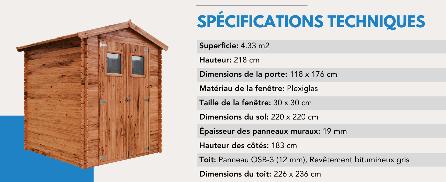 avec spécifications répertoriées. Les caractéristiques comprennent une superficie de 4,33 m², une hauteur de 218 cm, des dimensions de la porte 118 x 176 cm et une taille de fenêtre