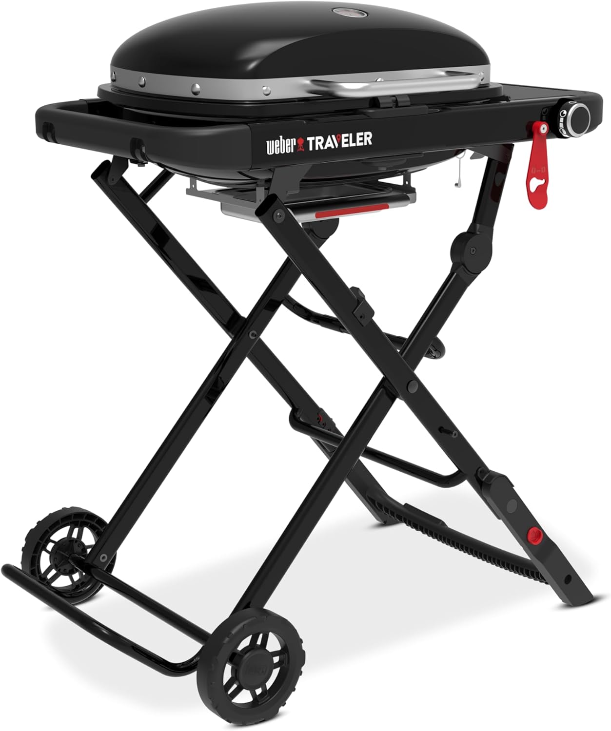 Weber Traveler Compact barbecue à gaz/design pliable et portable avec roues, verrouillage automatique du couvercle et thermomètre intégré, 1 brûleur, surface de cuisson 52 x 36 cm, noir
