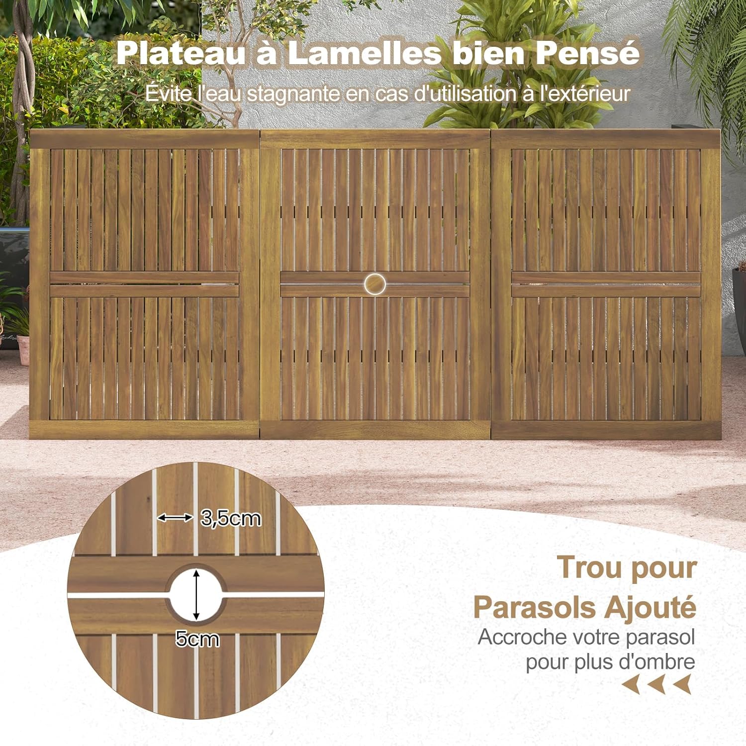 Costway - Table de jardin rectangulaire 200 cm, bois acacia, 8 pers, trou parasol, pieds métal