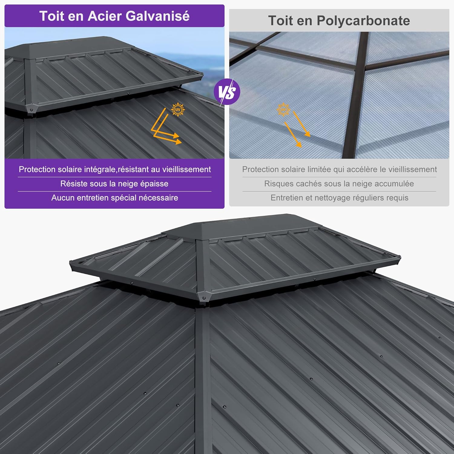 PURPLE LEAF - Pergola aluminium double toit 3,65x3m rideaux moustiquaire