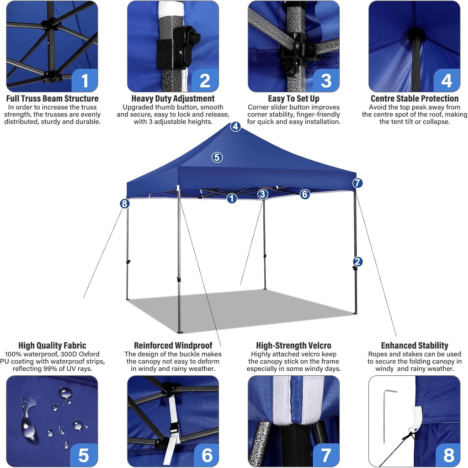 COBIZI - tente pliante série réception - 3x3m - 3 hauteurs réglables, bleu