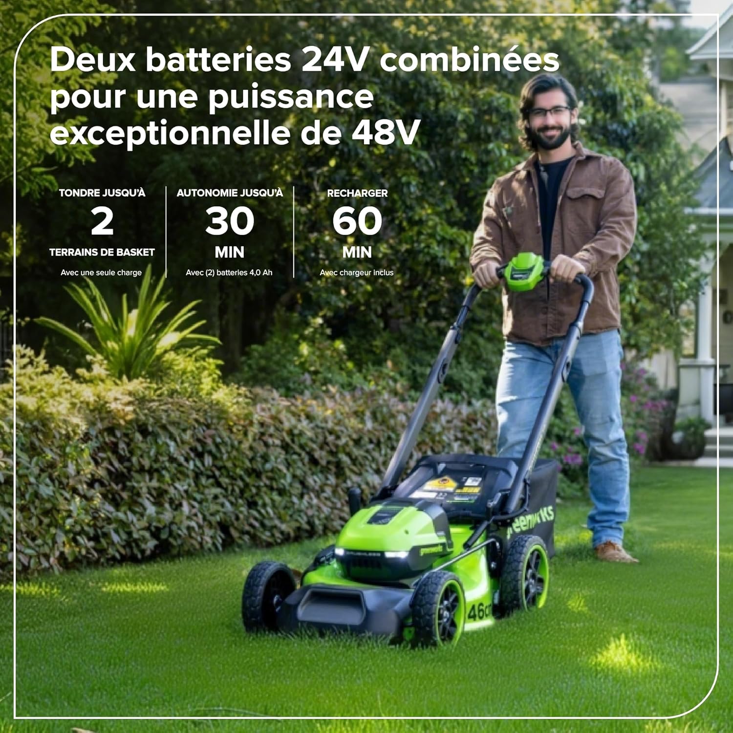 Greenworks 48V (24V x 2) Tondeuse à gazon sur batterie autopropulsée, largeur de coupe 46 cm, jusqu’à 440 m², réglage central de la hauteur de coupe en 8 positions, sans batterie ni chargeur – LM4602S