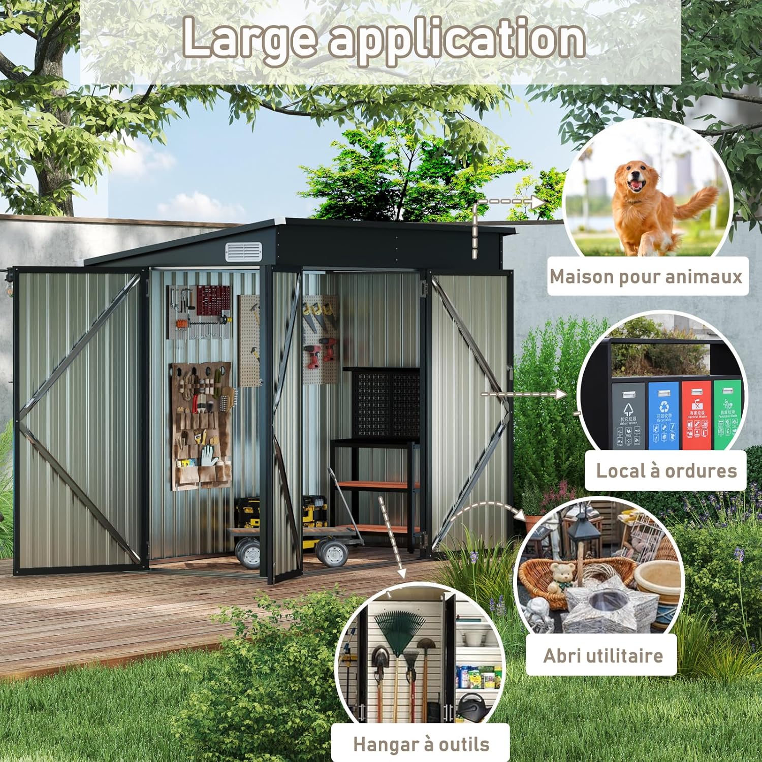 RELAX4LIFE Abri de Jardin Métal 235X117X185CM avec 2 Portes Verrouillable-Loquets Clés Inclus et Fenêtres, Cabane à Outils Cabanon Résistant aux intempéries pour Poubelles Extérieur (Gris, 5M³)