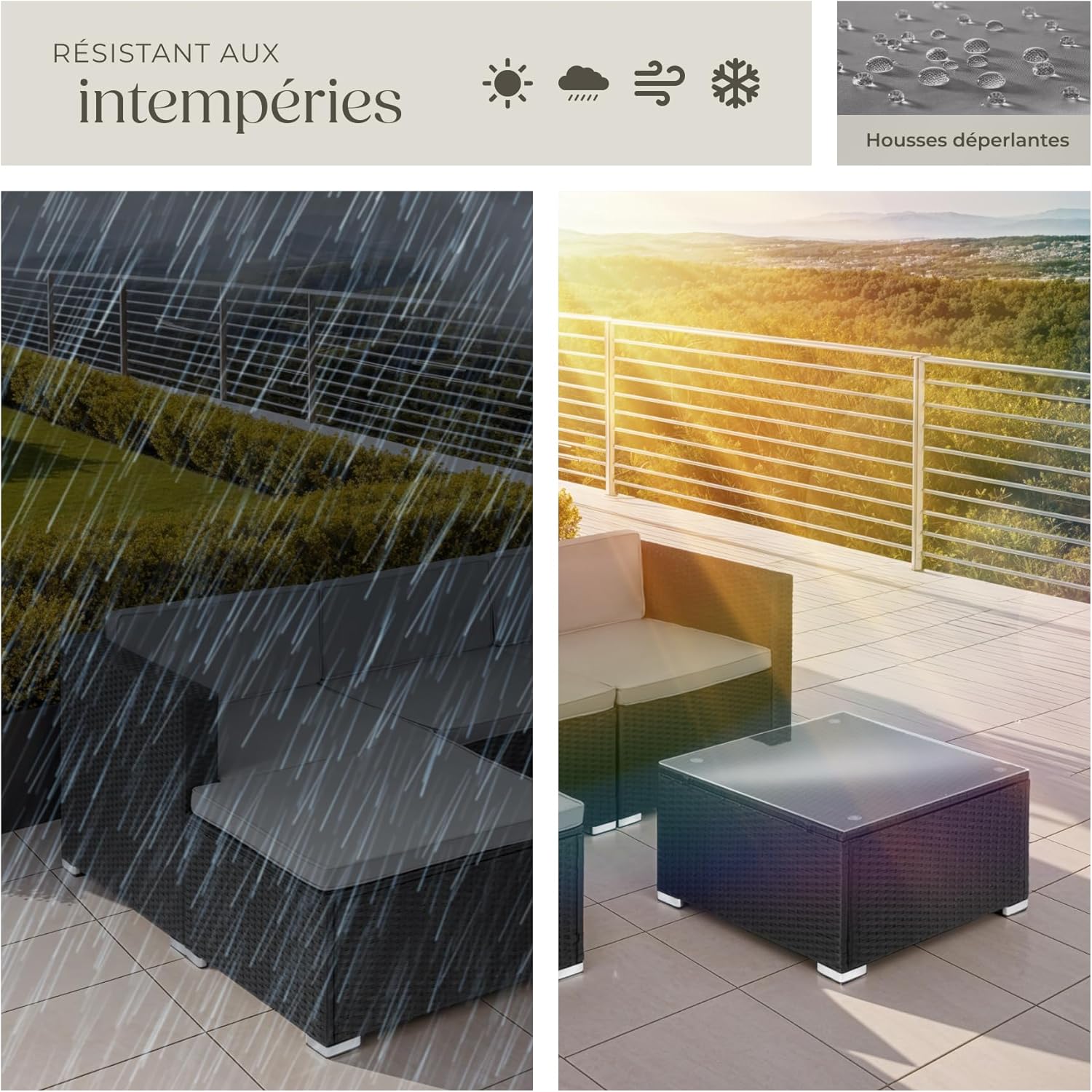 tectake - Salon de jardin modulable 4 places, poly rotin, 3 fauteuils, 1 table, terrasse