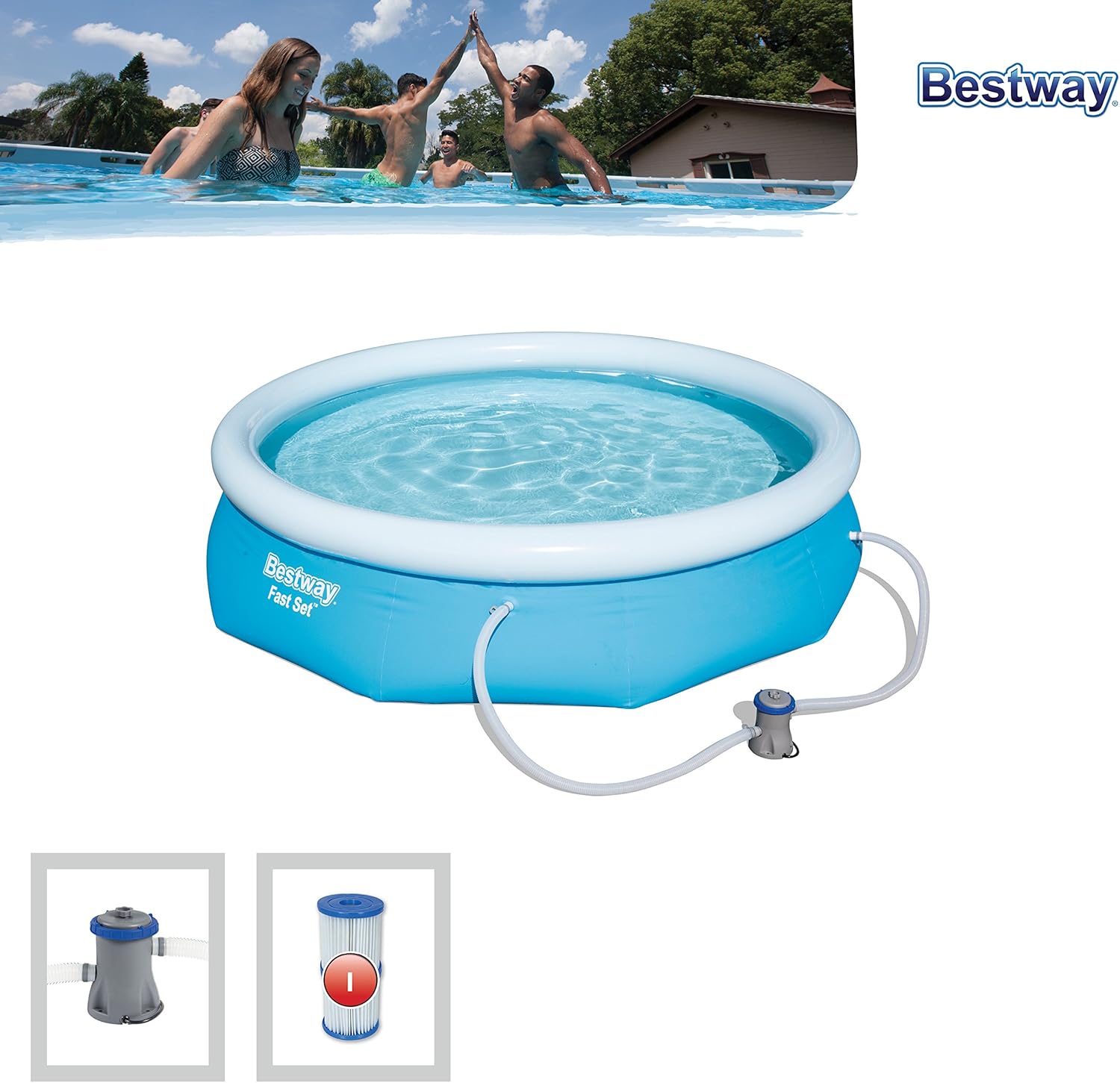 Bestway - Piscine gonflable hors sol ronde Fast Set diamètre 305 cm hauteur 76 cm avec pompe de filtration