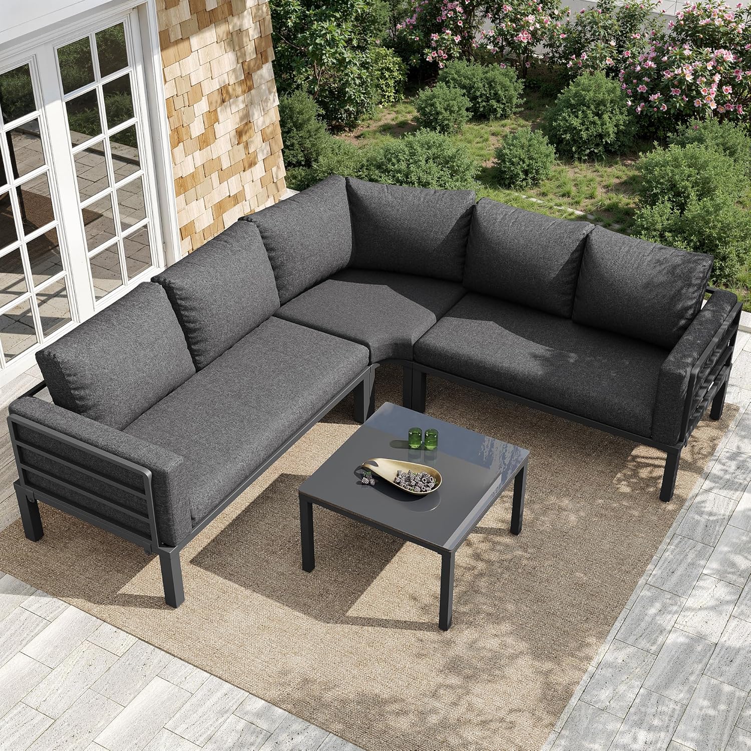 Sapgaks - Salon de jardin D-Gris - 4-5 pers - Fer, verre trempé, coussins, pieds réglables