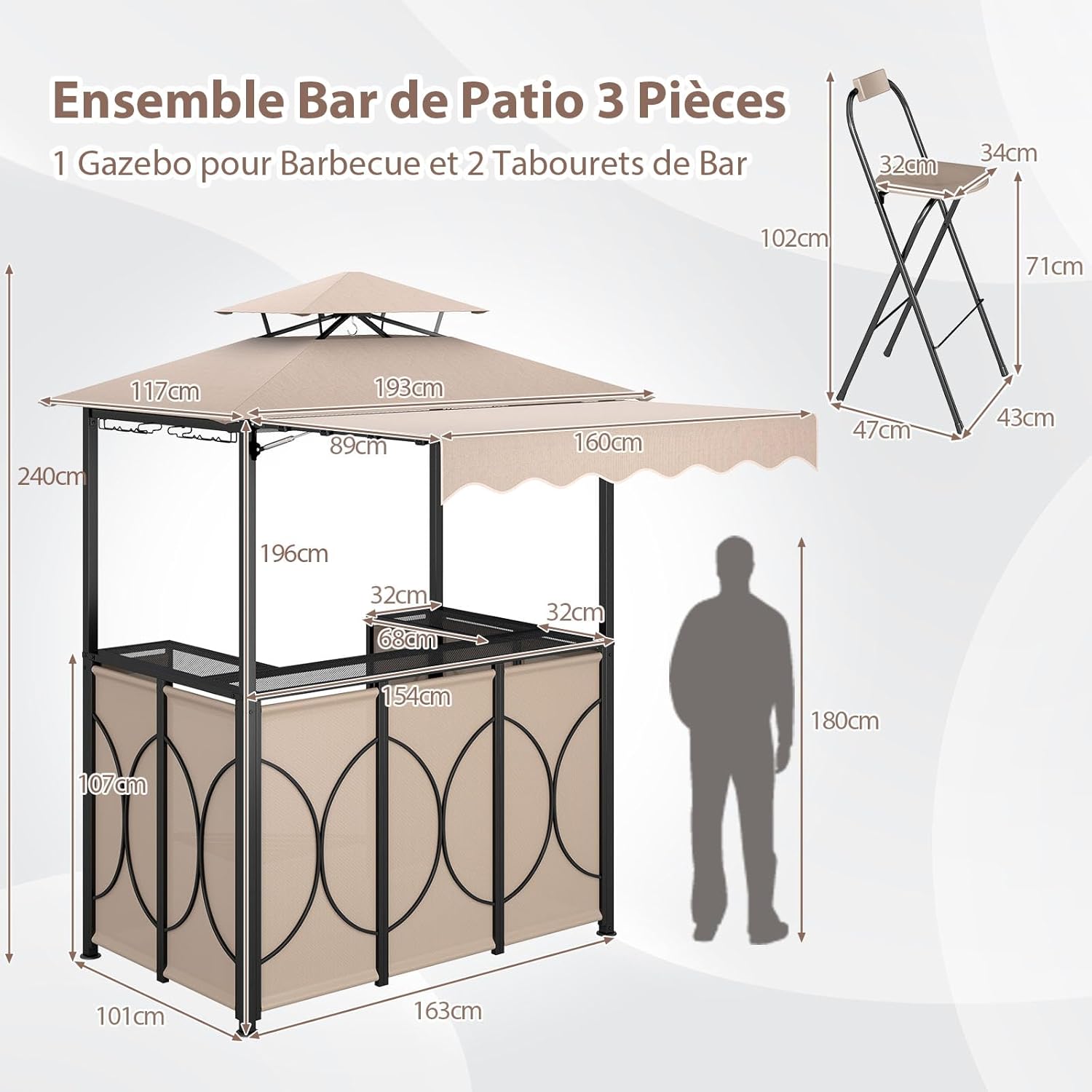 GOPLUS 4 Pcs Ensemble Salon de Bar, Abri Barbecue Jardin Exterieur avec Auvent Latéral, Table de Bar, 2 Tabourets Pliants, Crochet et 4 Rangées Porte-Verres (Café|Auvent|Chaises)