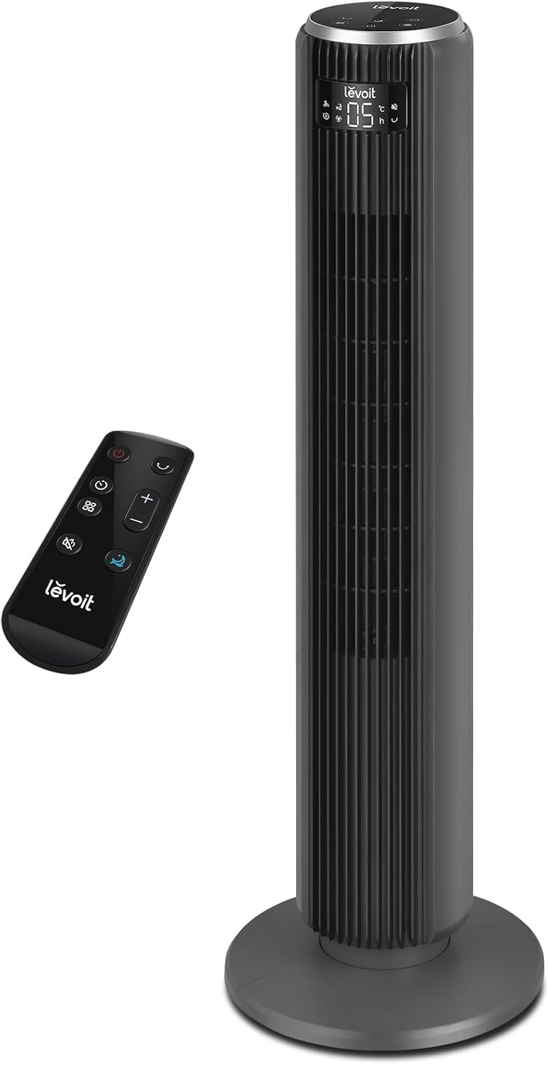 LEVOIT Ventilateur Colonne Silencieux, 5 Vitesses 4 Modes de Vent,Télécommande, Minuterie 12h, Oscillant à 90° avec 7m/s, 33W Économie, avec Mode Veille pour chambre, Noir Gris