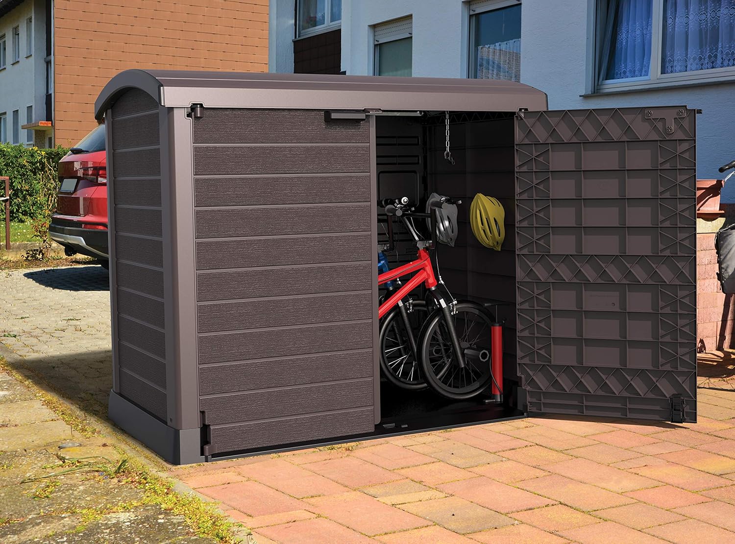 Duramax Cedargrain StoreAway 1200L Abri de jardin en plastique / couvercle arc, Abri pour poubelles, Cache poubelles, Coffre de poubelle, Idéal pour les 2x 240L poubelles, 145x85x125 cm, Marron