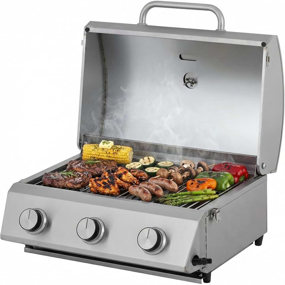 Tarrington House - Barbecue à gaz portable - inox - 3 brûleurs, thermomètre, allumage piézo - CATHAN
