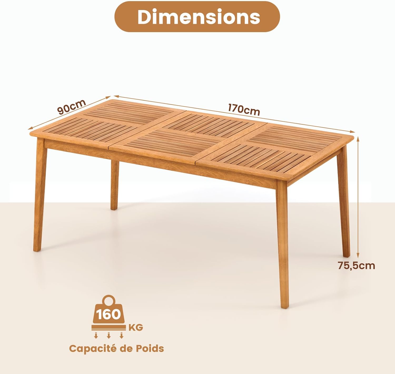GOPLUS - table de salle à manger extérieur - 90x170 cm - bois acacia, 6-8 pers, trou parasol intégré, charge 160 kg