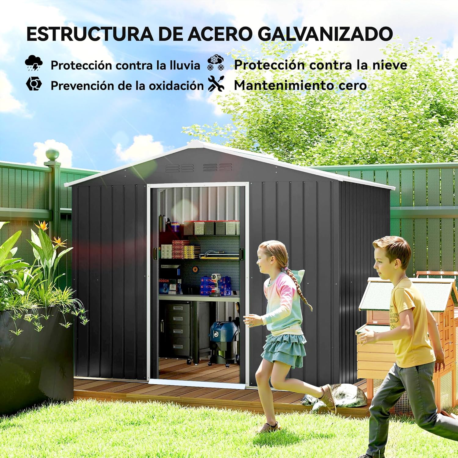 Outsunny Abri de Jardin extérieur 3,6 m², 236 x 171 x 191 cm, abri de Jardin métallique avec Portes coulissantes et Fentes d'aération, pour Le Rangement d'outils, Gris foncé