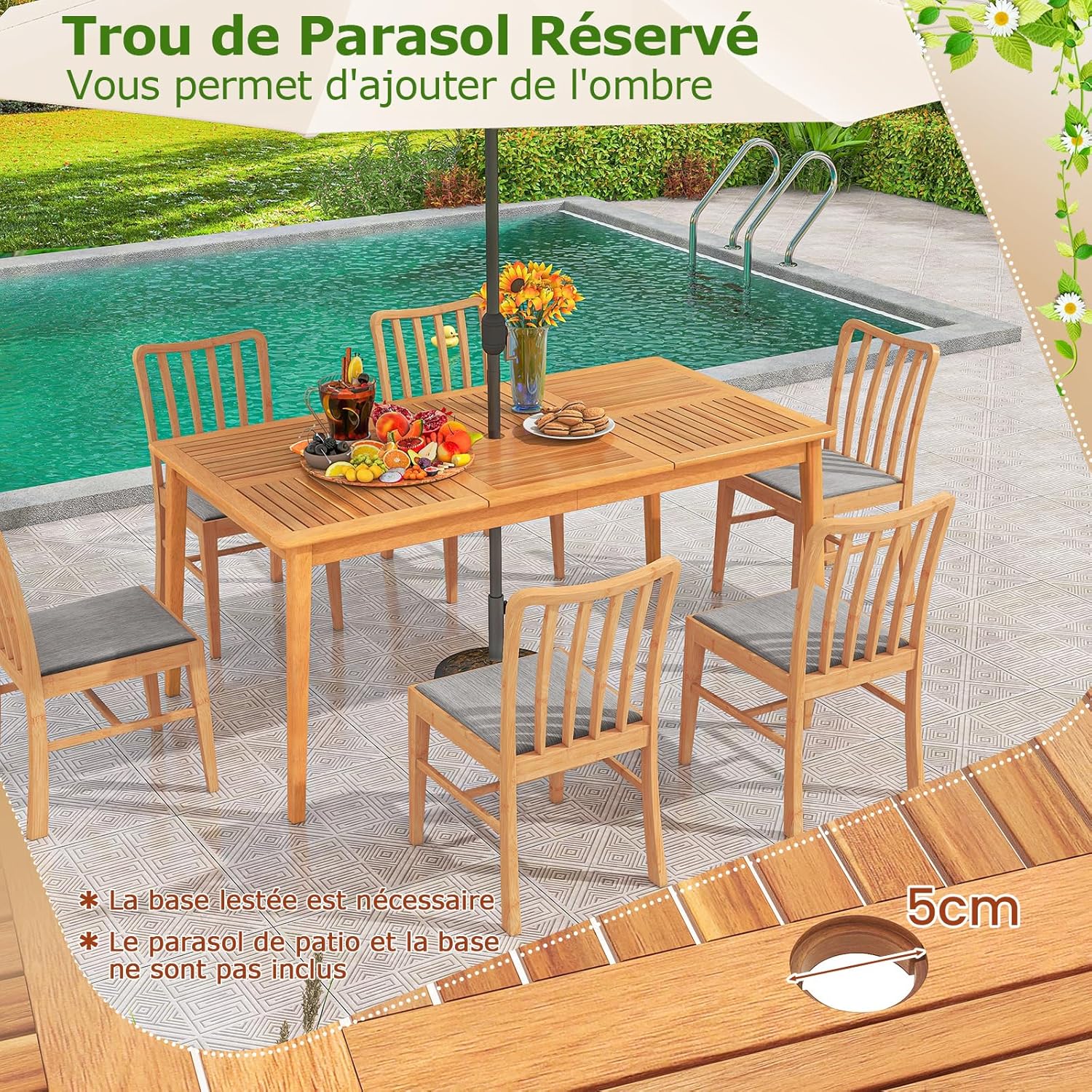 Costway - Table en bois d’Acacia, 170x90 cm, trou pour parasol 5 cm, 6 personnes
