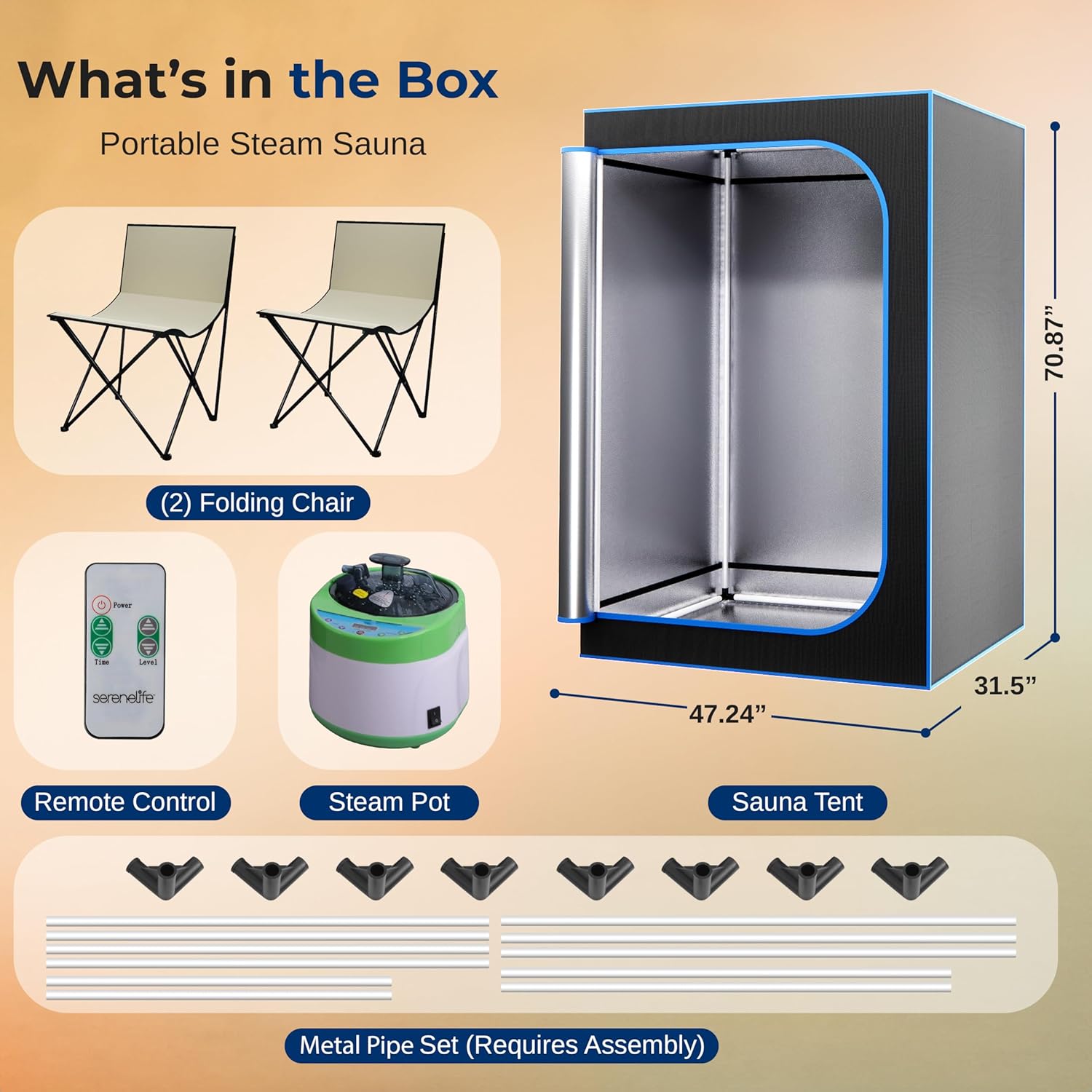 SereneLife Sauna Portable, pour Deux Personnes, Sauna Infrarouge, Thérapie du Corps et Relaxation, Tente Chauffante Mobile, Spa Maison avec Générateur de Vapeur, 2 Chaises pliables et Télécommande