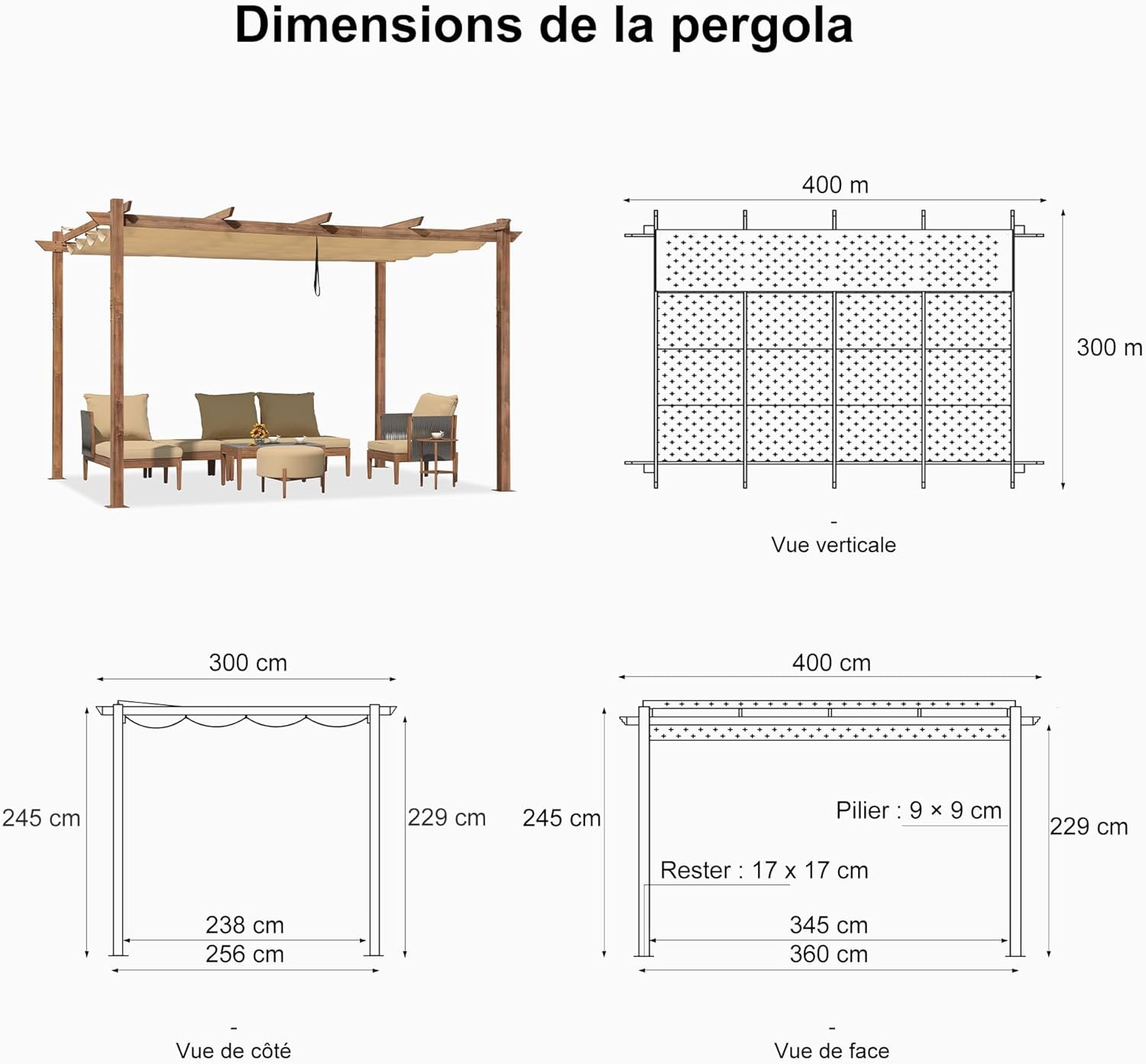 PURPLE LEAF - Pergola alu finition teck 4x3m - toile rétractable, rideau, kaki