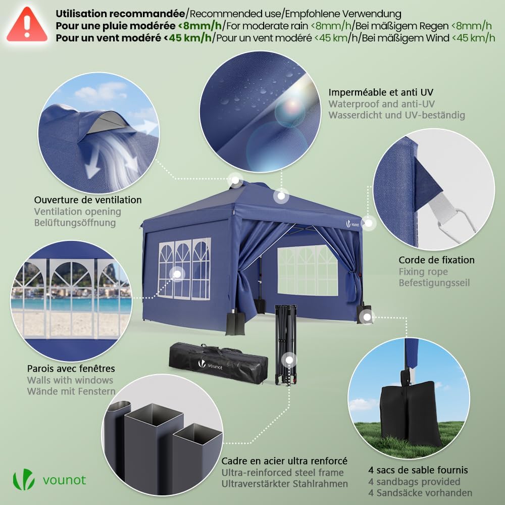 VOUNOT - tonnelle pliante 3x3m - imperméable, anti-UV, réglable