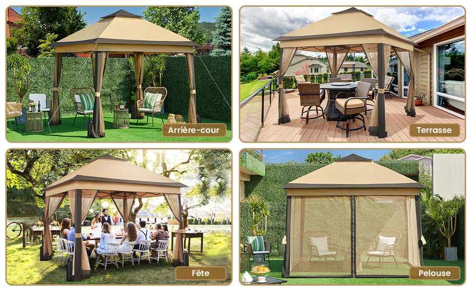 Image à quatre panneaux d'un grand belvédère extérieur avec auvent beige, montrant diverses configurations, y compris une salle à manger et un salon