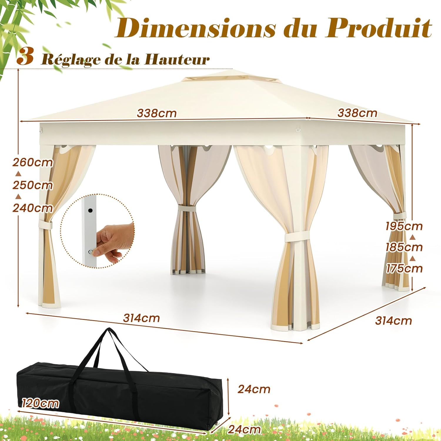 RELAX4LIFE Tonnelle Pliante 3x3 avec Moustiquaires, Tonnelle de Jardin Exterieur Facile à Monter, Toit Ventilé Argenté, Protection Solaire, Sac Inclus, Pavillon de Jardin pour Terrasse Patio, Beige