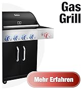 Le texte indique « Gas Grill » et « Mehr Erfahren ». Vues similaires du produit montrant le barbecue à gaz extérieur noir sous différents angles et montrant ses caractéristiques.