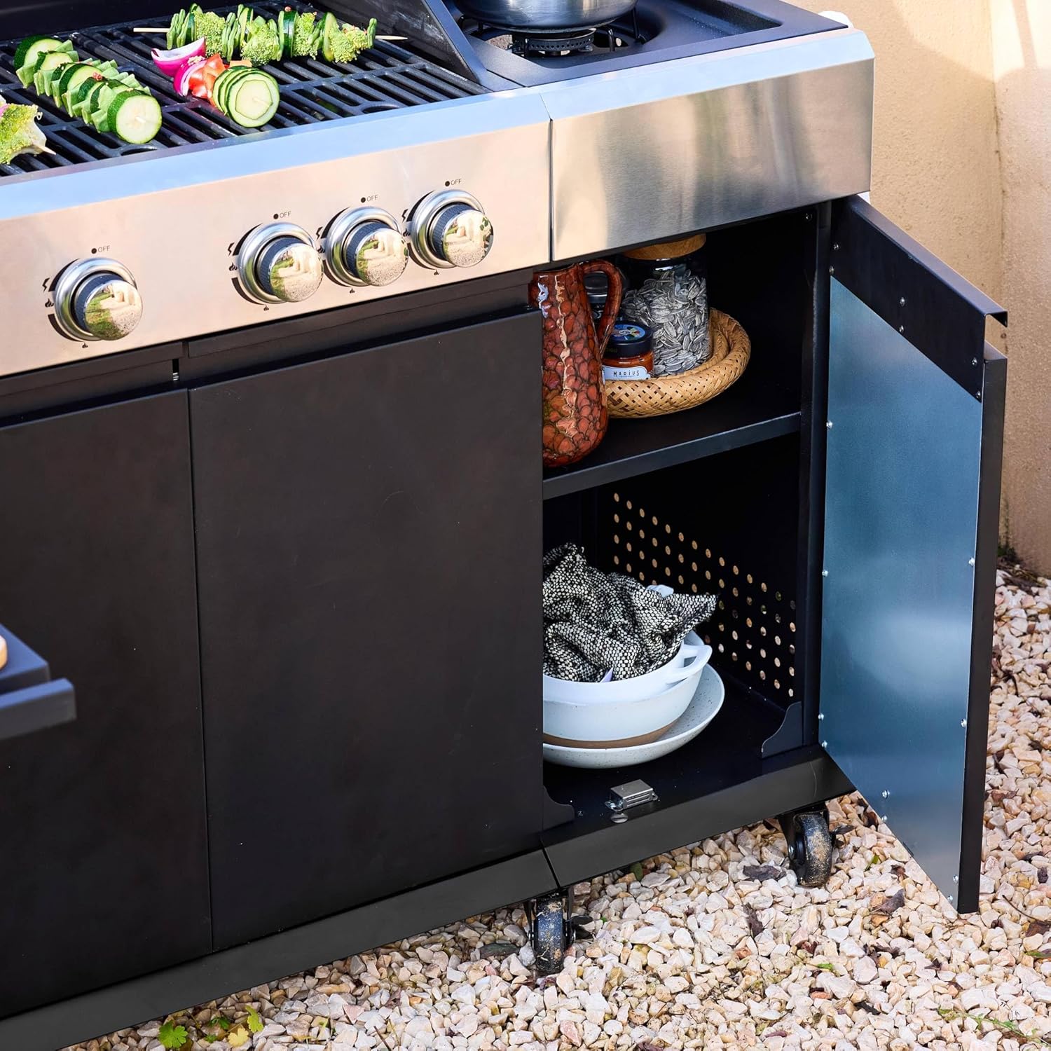 sweeek - Maxim barbecue gaz 4 brûleurs, 145,5x61,5x143,5cm, thermomètre, récupérateur, grille chauffante