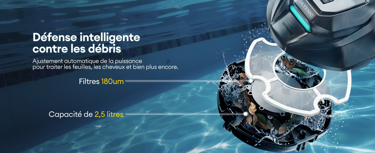 Le texte se lit comme suit : « Défense intelligente contre les débris ». L'image montre un aspirateur robotique immergé dans de l'eau bleue avec des particules de débris visibles.