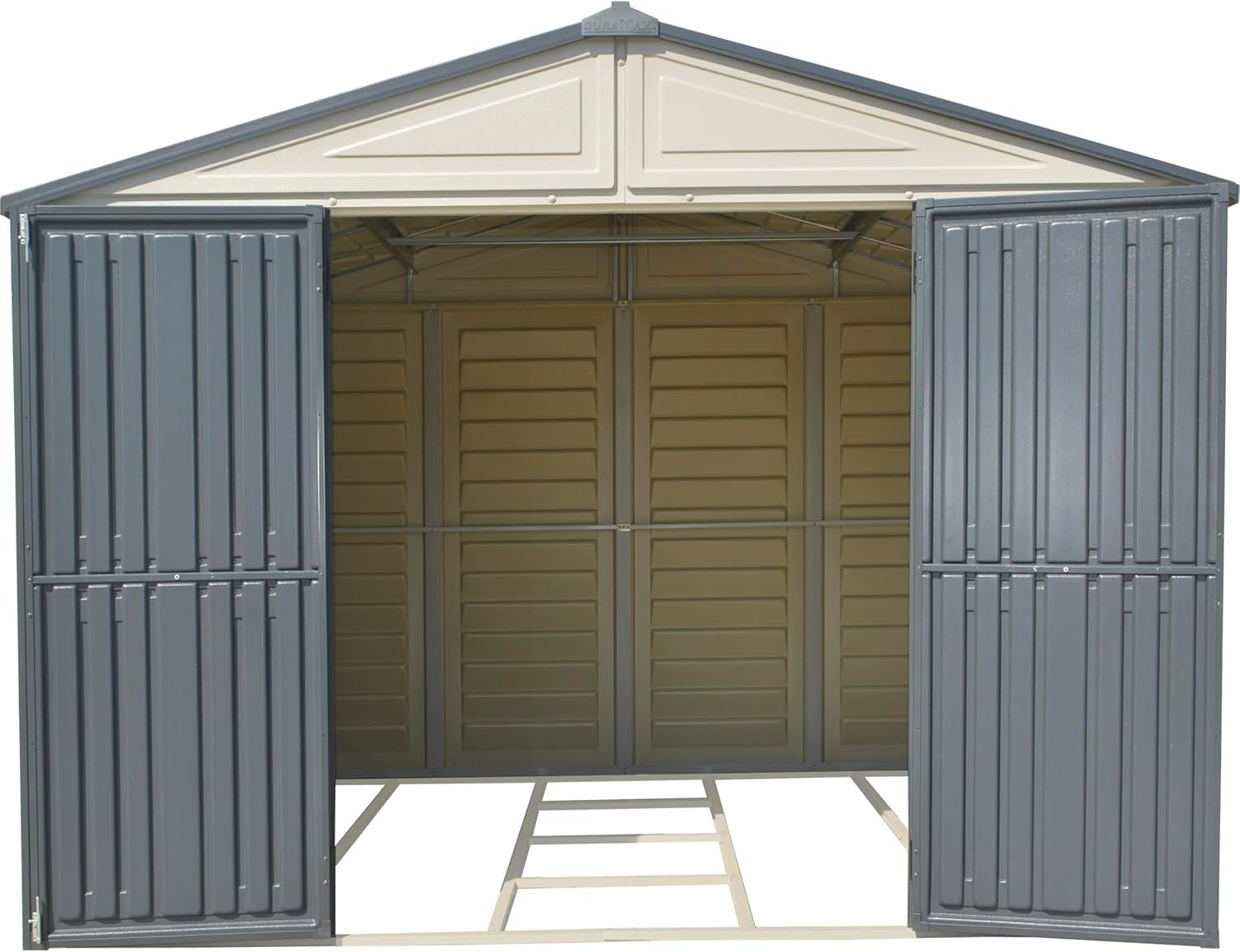 Abri de jardin Duramax WoodBridge II PLUS - 10.5 x 8 (7.64 m²) - Plastique, kit fondation, 2 fenêtres, toit métal, sans 