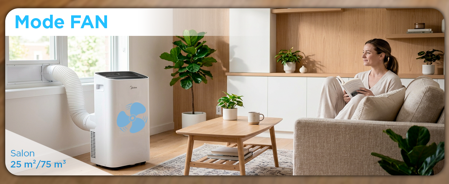 Le texte indique « Mode FAN ». Unité de ventilation compacte blanche affichée dans le salon avec des plantes et une personne sur un canapé visibles en arrière-plan.